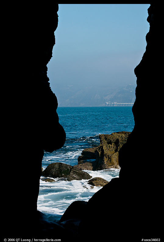 View through a seacave at the Cove. La Jolla, San Diego, California, USA