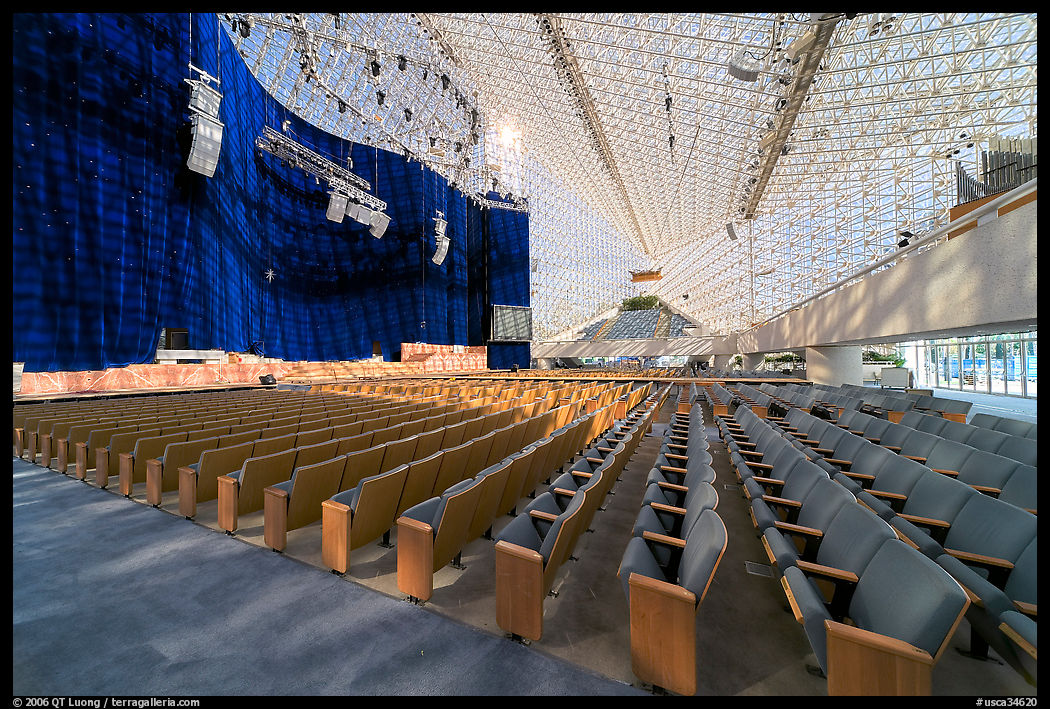 Interior of the Crystal Cathedral with set for the Glory of Christmas. Garden Grove, Orange County, California, USA