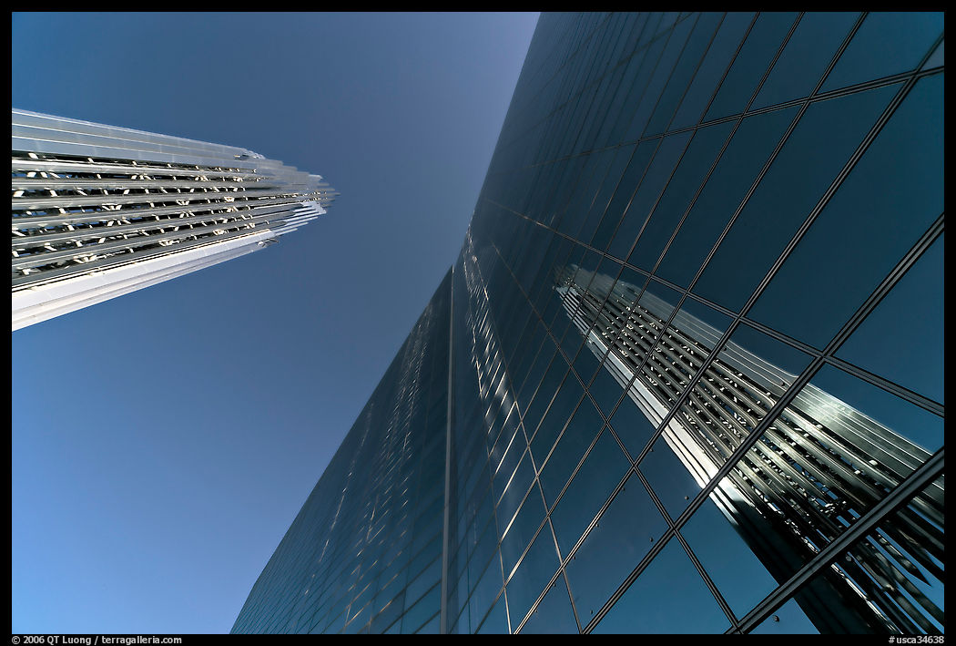 Reflexions of the Bell tower in the glass facade of the Crystal Cathedral. Garden Grove, Orange County, California, USA