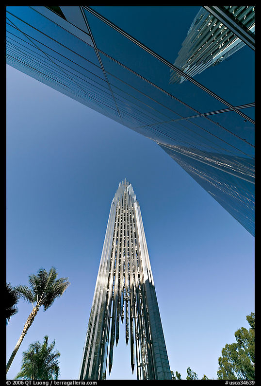 Bell tower and facade of the Crystal Cathedral, designed by Philip Johnson. Garden Grove, Orange County, California, USA