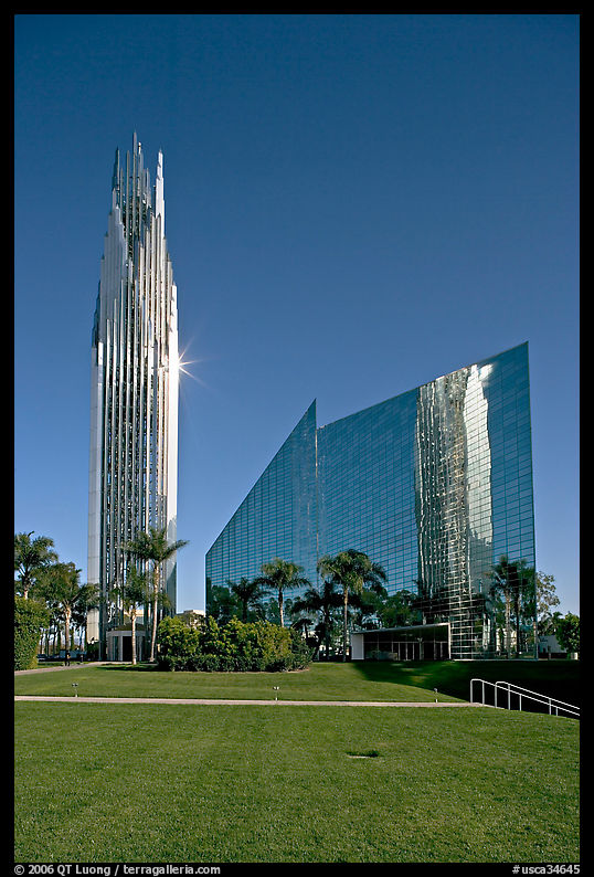 Crystal Cathedral and  bell tower, buildings made of glass for Televangelist Robert Schuller. Garden Grove, Orange County, California, USA
