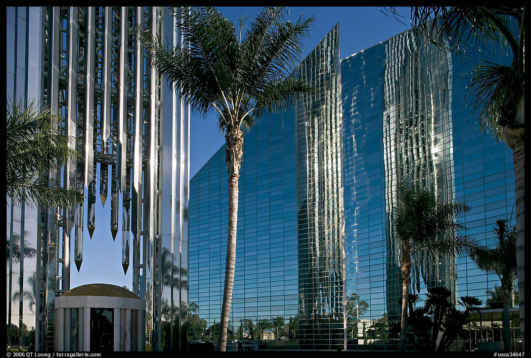 Bell Tower, Crystal Cathedral and reflections. Garden Grove, Orange County, California, USA