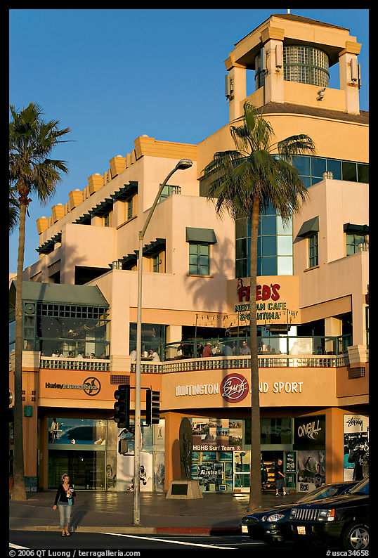 Shopping center on waterfront avenue. Huntington Beach, Orange County, California, USA