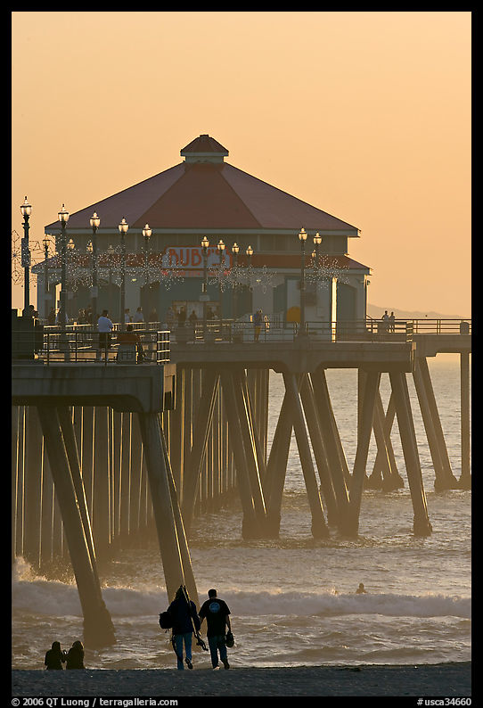 Beachgoers, surfers in waves,  and Huntington Pier. Huntington Beach, Orange County, California, USA
