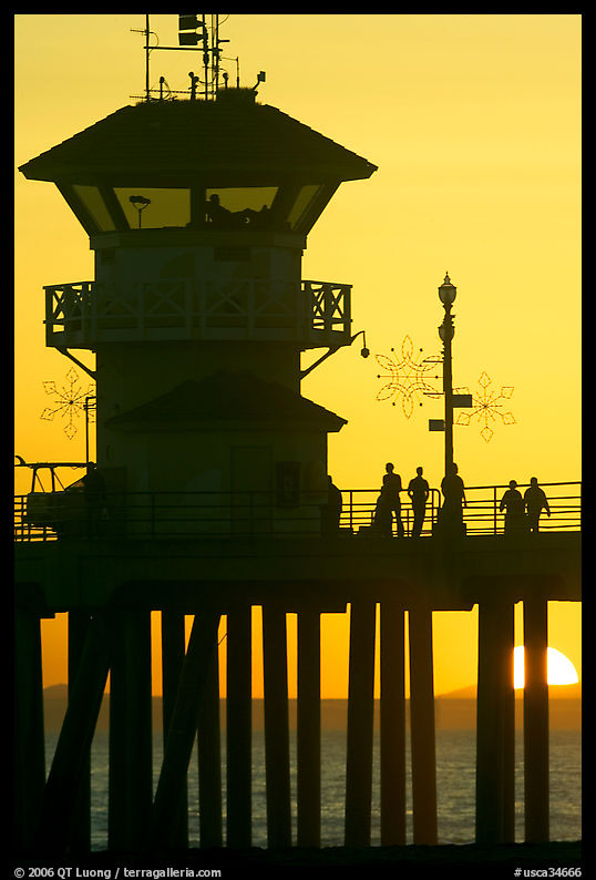 People and pier silhouetted by the setting sun. Huntington Beach, Orange County, California, USA