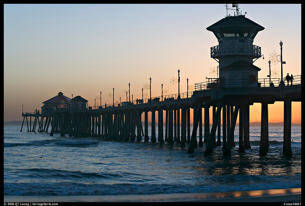 The 1853 ft Huntington Pier at sunset. Huntington Beach, Orange County, California, USA