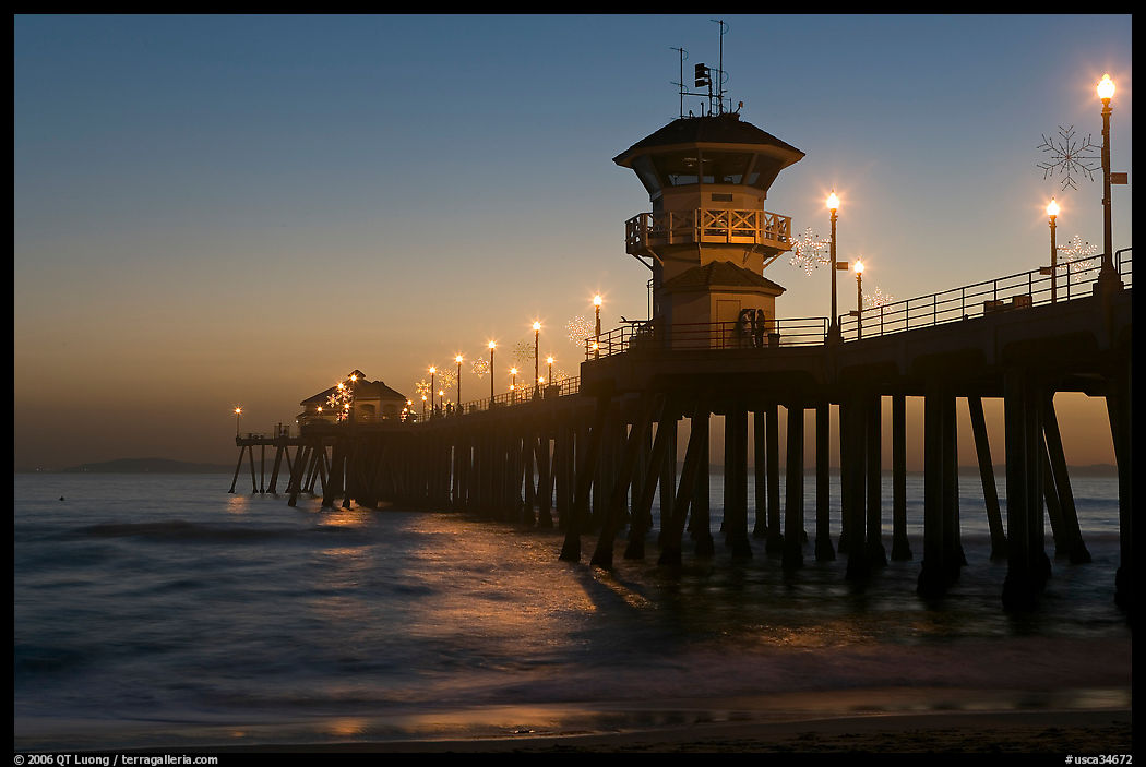 Huntington Pier lights at twilight. Huntington Beach, Orange County, California, USA