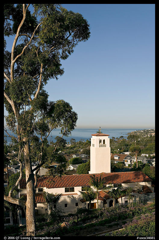Eucalyptus and church in mission style. Laguna Beach, Orange County, California, USA