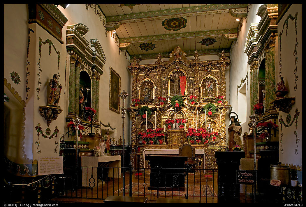 Altar and baroque retablo in the Serra Chapel. San Juan Capistrano, Orange County, California, USA