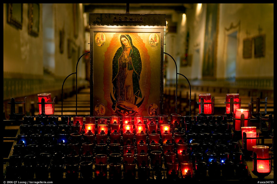 Candles and  Serra Chapel. San Juan Capistrano, Orange County, California, USA