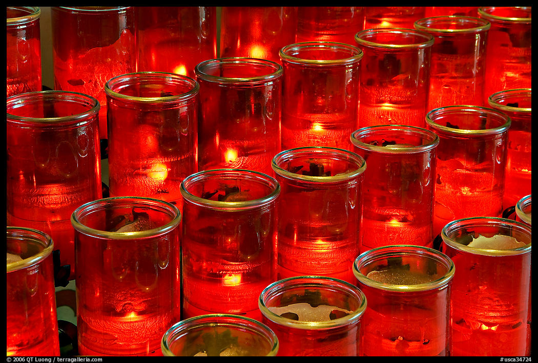 Red candles outside the Serra Chapel. San Juan Capistrano, Orange County, California, USA