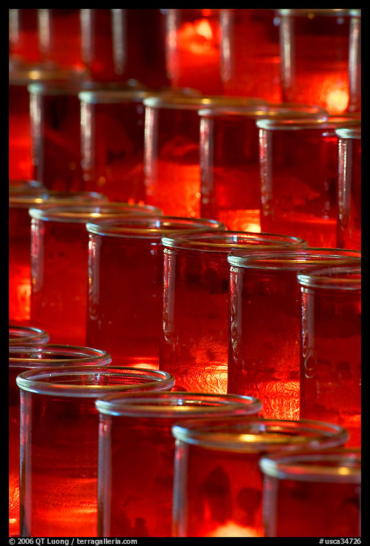 Red candles in glass, sharp. San Juan Capistrano, Orange County, California, USA
