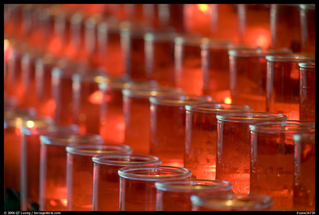 Rows of candles, narrow depth of field. San Juan Capistrano, Orange County, California, USA