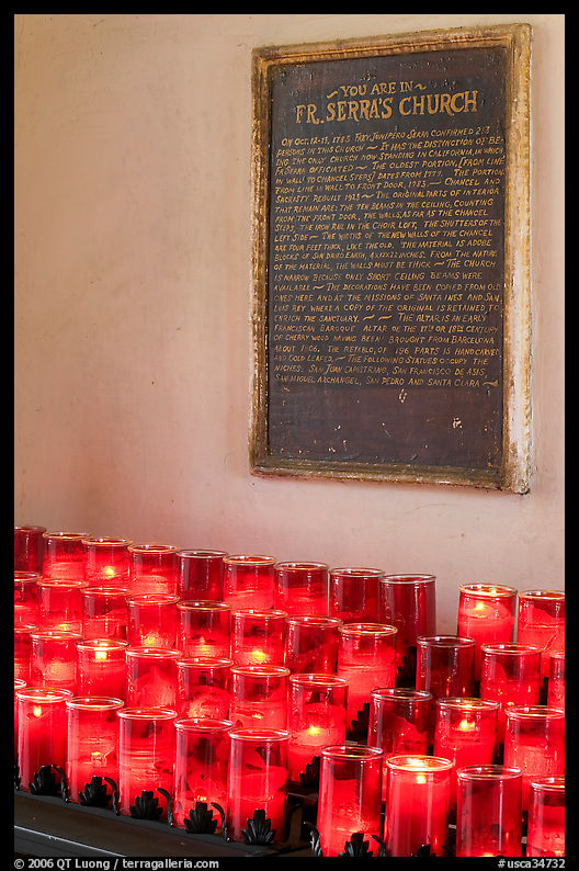 Rows of candles and sign commemorating Father Serra. San Juan Capistrano, Orange County, California, USA