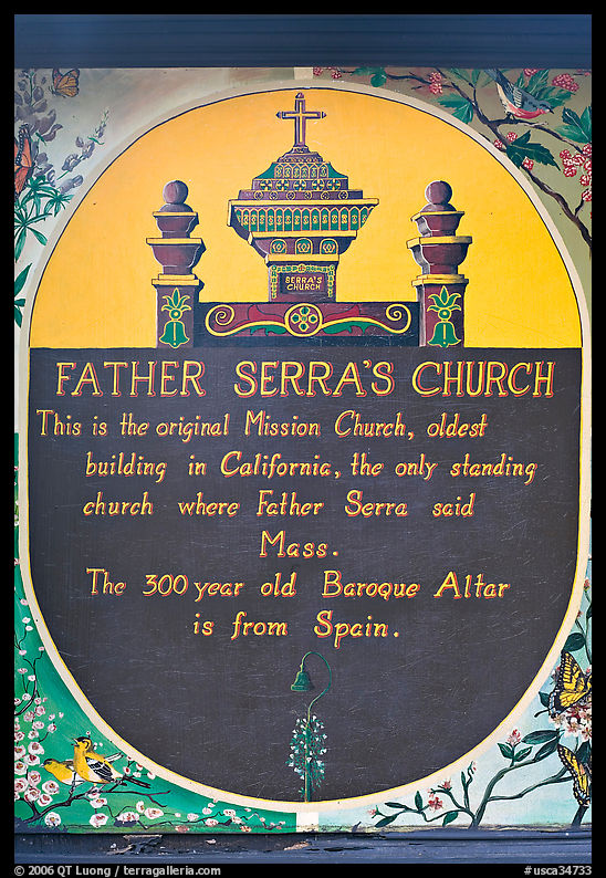 Sign explaining historical significance of Serra Chapel. San Juan Capistrano, Orange County, California, USA