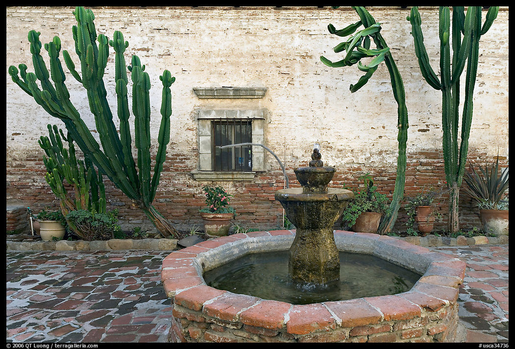 Sacred Garden, with fountain and cacti. San Juan Capistrano, Orange County, California, USA