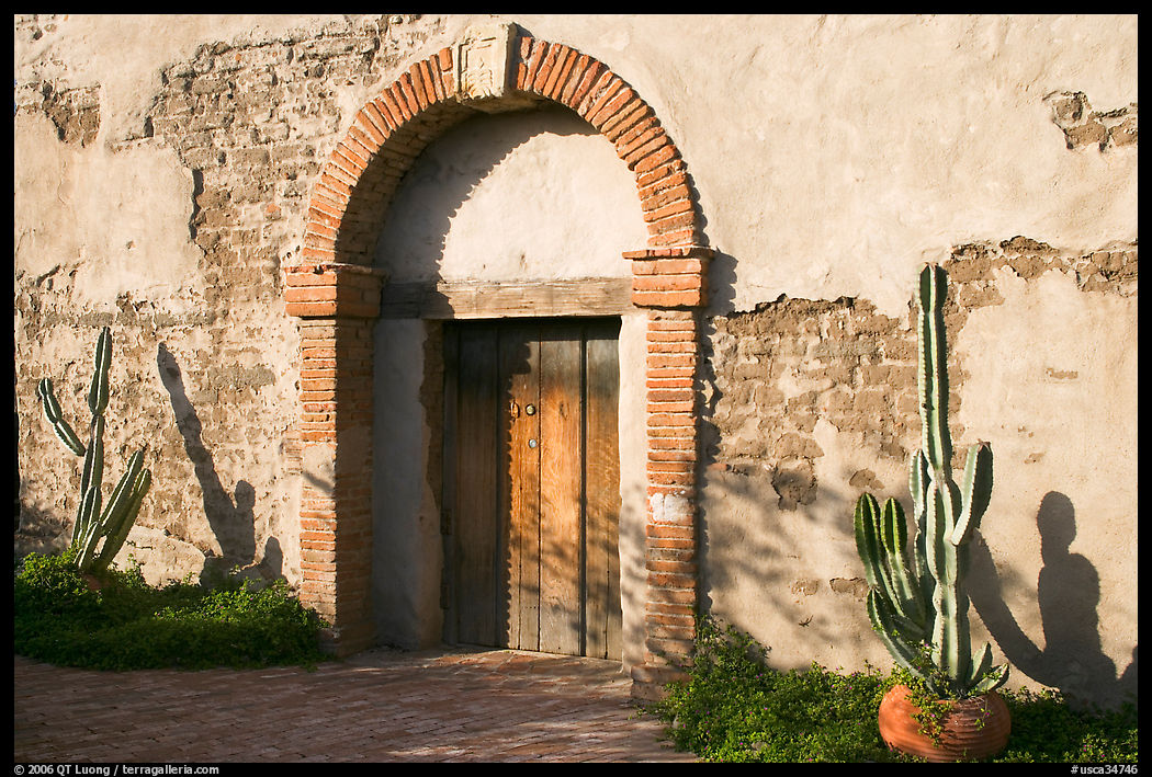 Cactus, and weathered facade. San Juan Capistrano, Orange County, California, USA