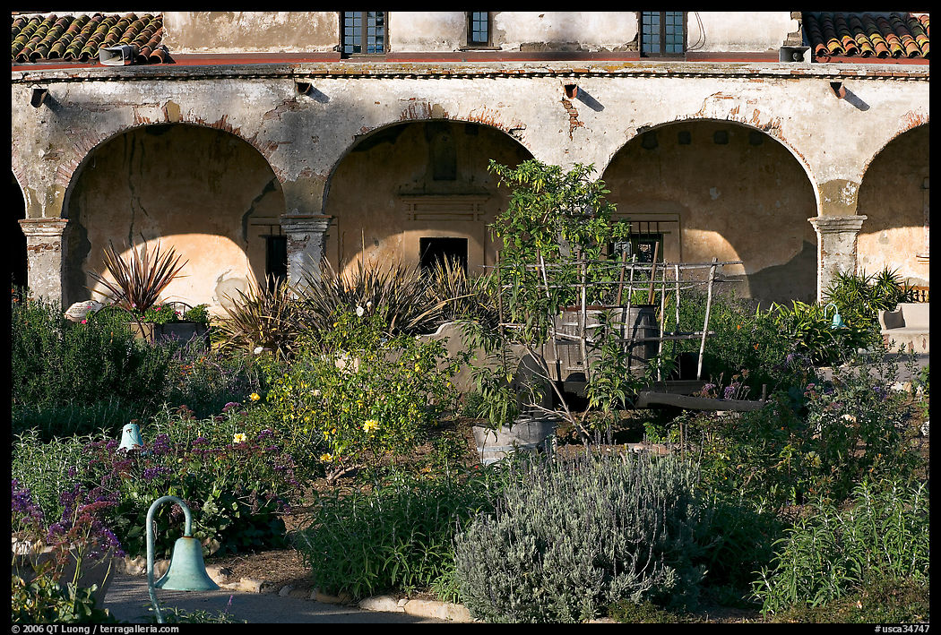 Garden in the entrance courtyard. San Juan Capistrano, Orange County, California, USA