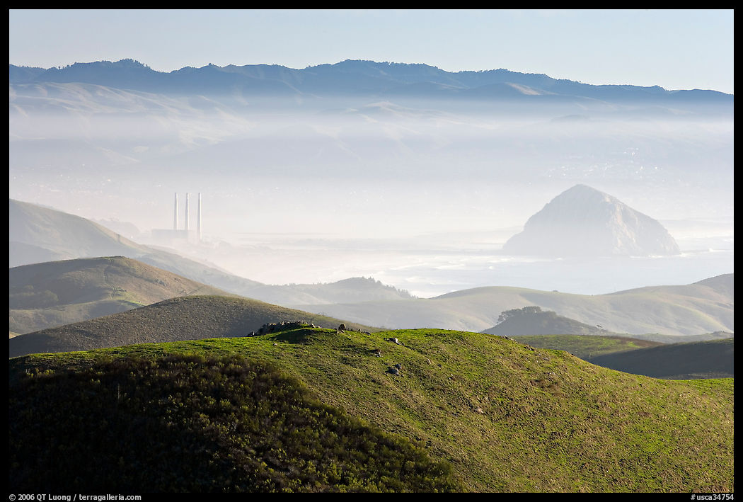 Power plant and Morro Rock seen from hills. California, USA
