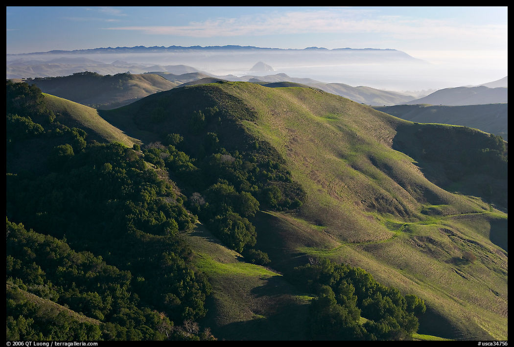 Green hills, with cost in the distance. California, USA