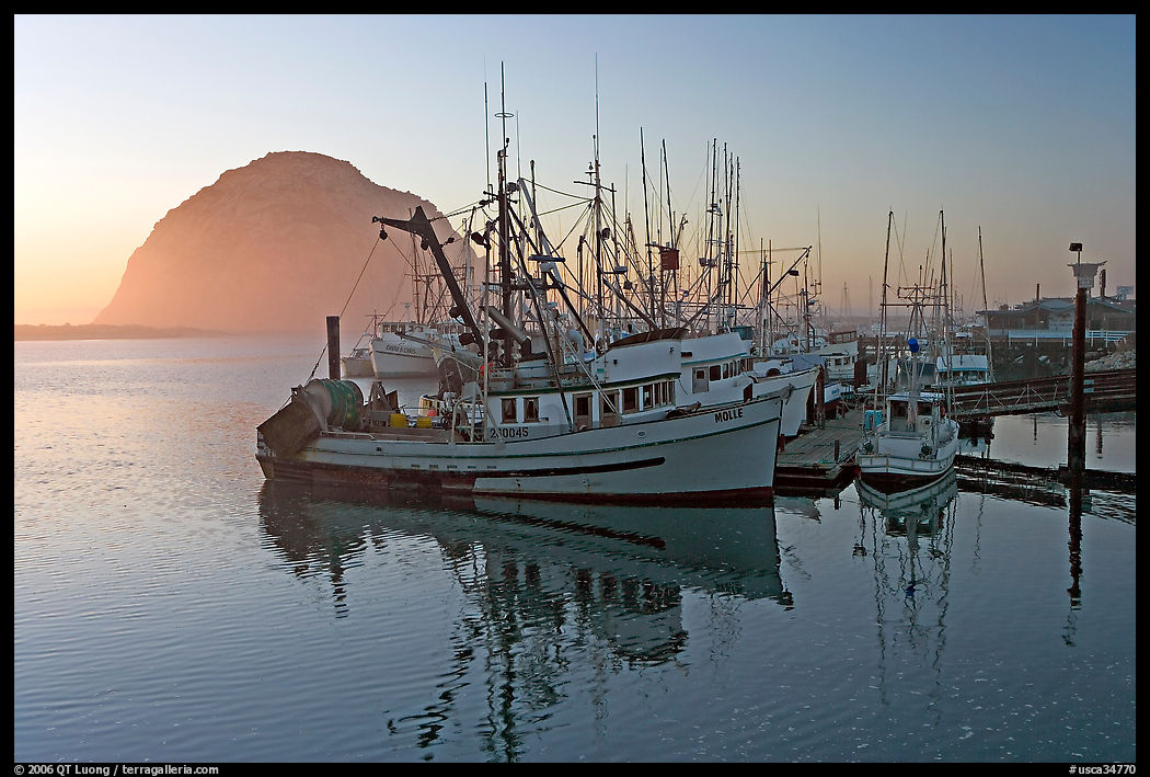 Fishing fleet and Morro Rock, sunset. Morro Bay, USA