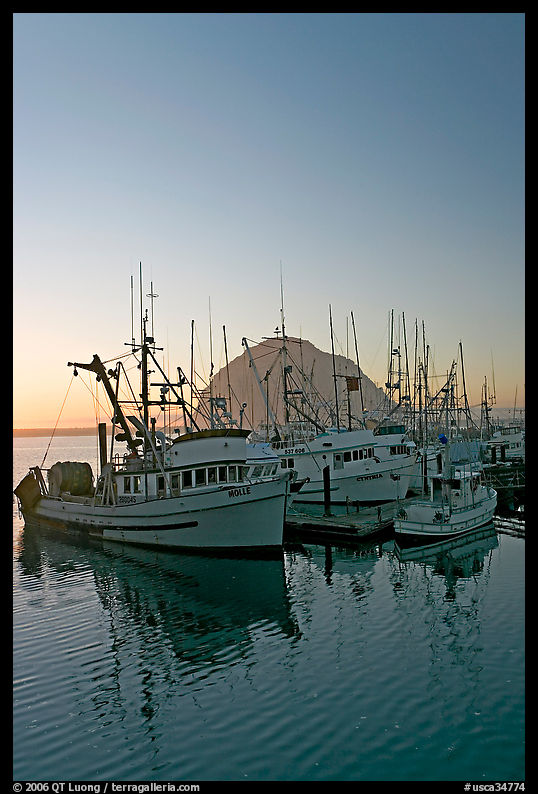 Fishing boats and Morro Rock, sunset. Morro Bay, USA