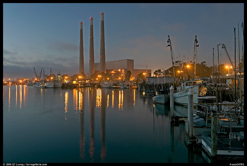 Power station and fishing boats, dusk. Morro Bay, USA