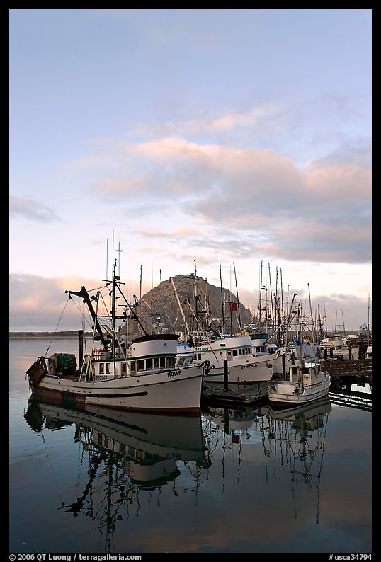 Fishing fleet and Morro Rock, sunrise. Morro Bay, USA