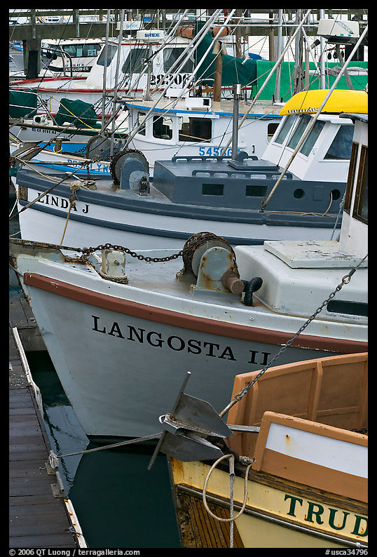 Close-up of colorful fishing boats. Morro Bay, USA