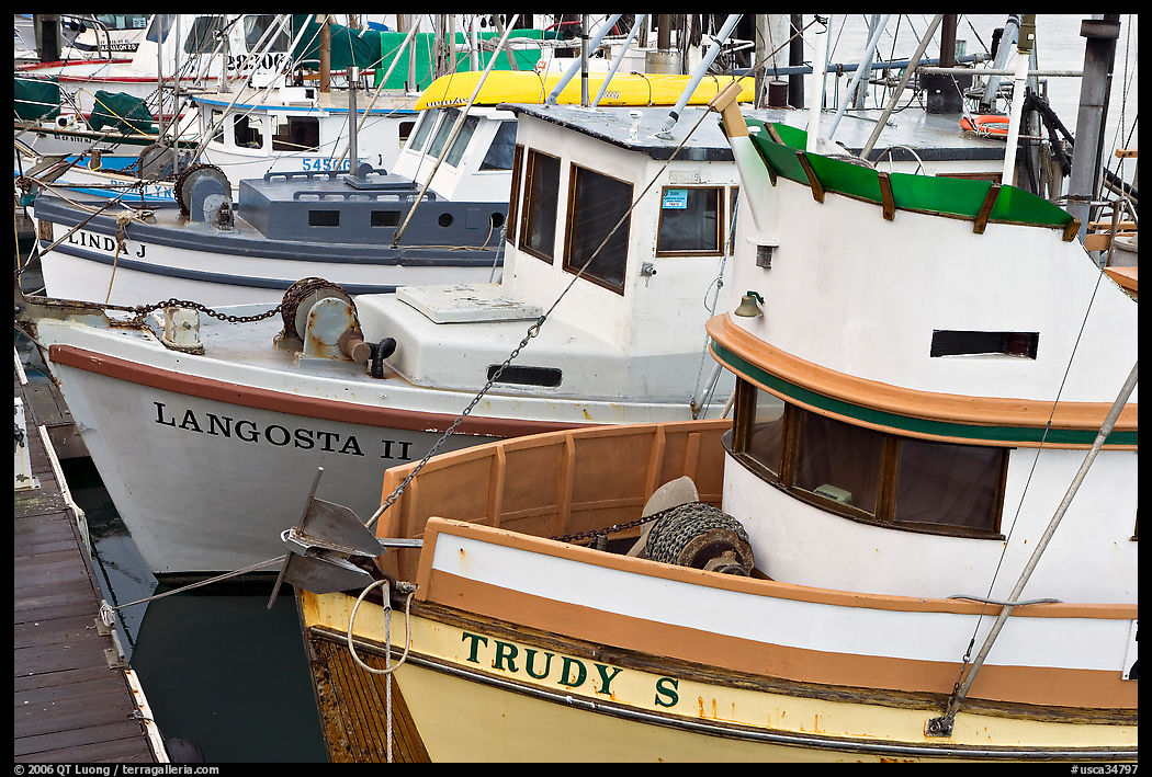 Close-up of colorful fishing boats. Morro Bay, USA