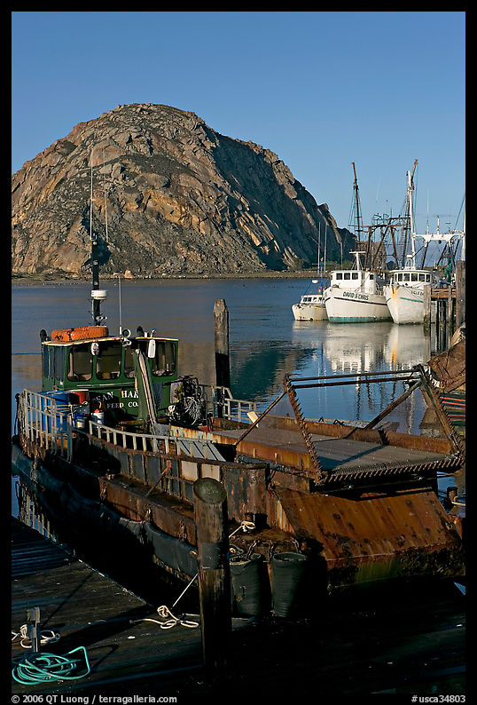 Dredge boat and Morro Rock. Morro Bay, USA
