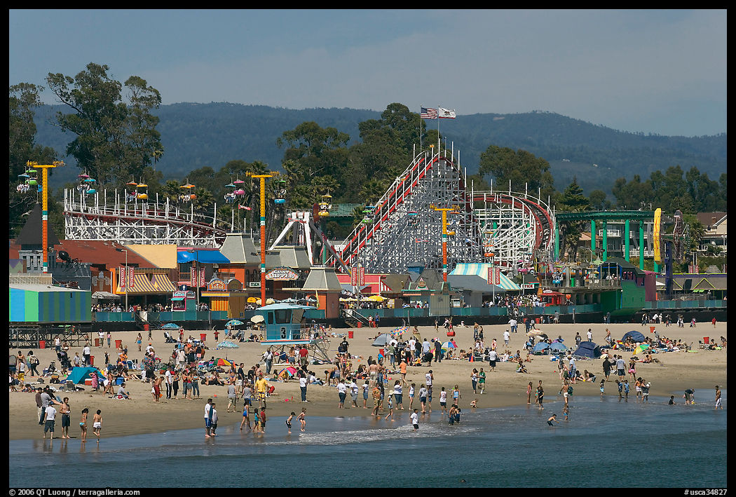 Beach and boardwalk in summer, afternoon. Santa Cruz, California, USA