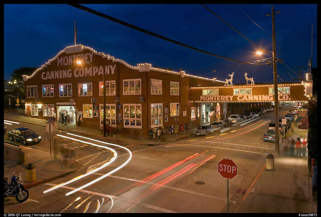 Monterey Canning Company building at night. Monterey, California, USA