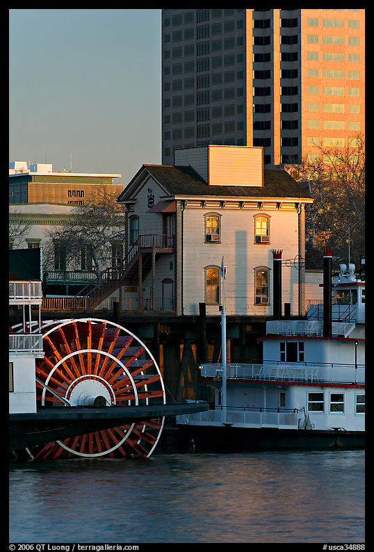 Paddle Steamers, historic house, and high rise building. Sacramento, California, USA