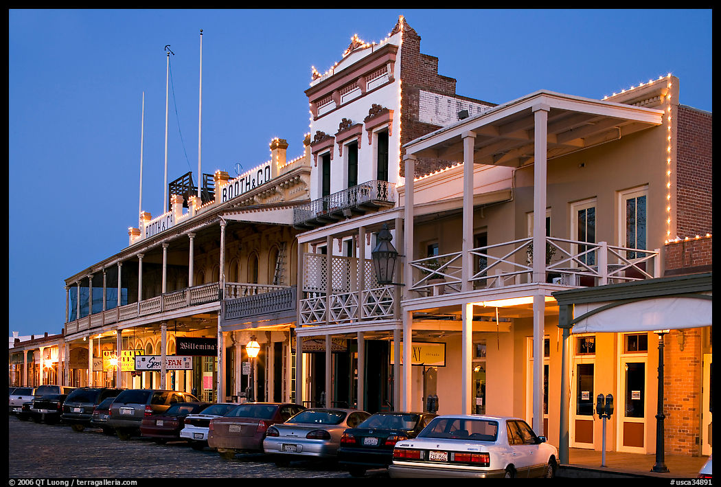 Gold-rush area buildings at night, Old Sacramento. Sacramento, California, USA
