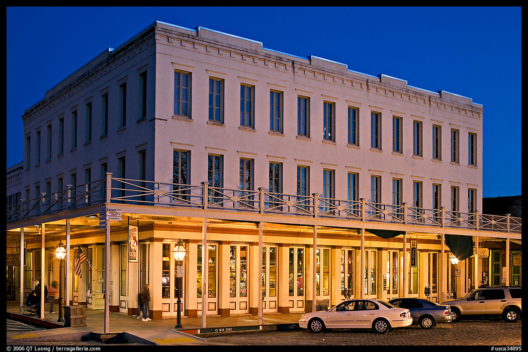 Gold-rush area building at night,  Old Sacramento. Sacramento, California, USA