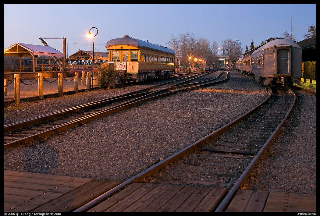 Railroad tracks and cars, Old Sacramento. Sacramento, California, USA