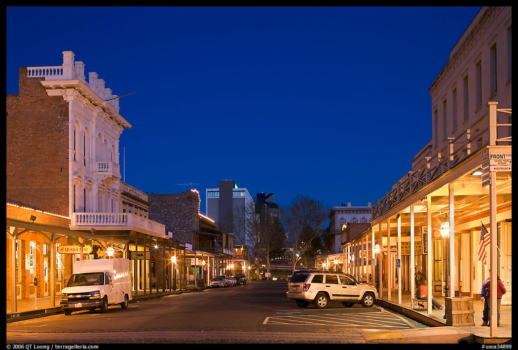 Old Sacramento street at night. Sacramento, California, USA