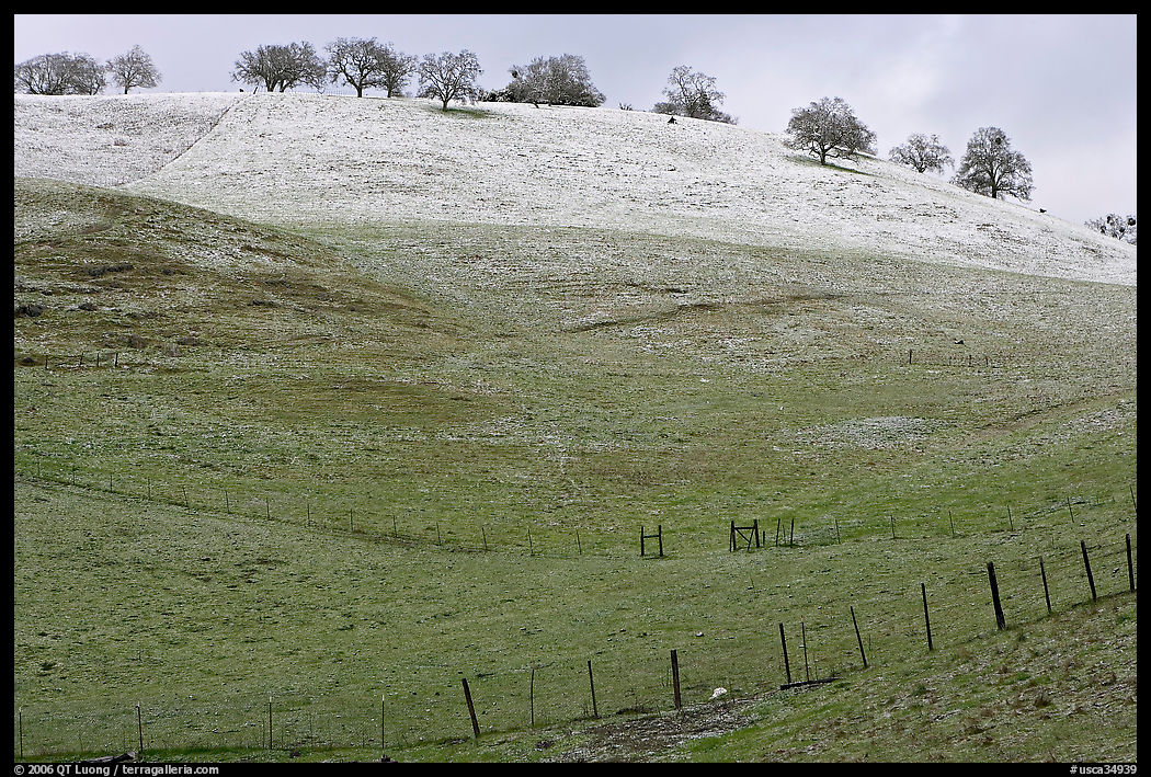 Hills with top covered with fresh snow, Mount Hamilton Range foothills. San Jose, California, USA