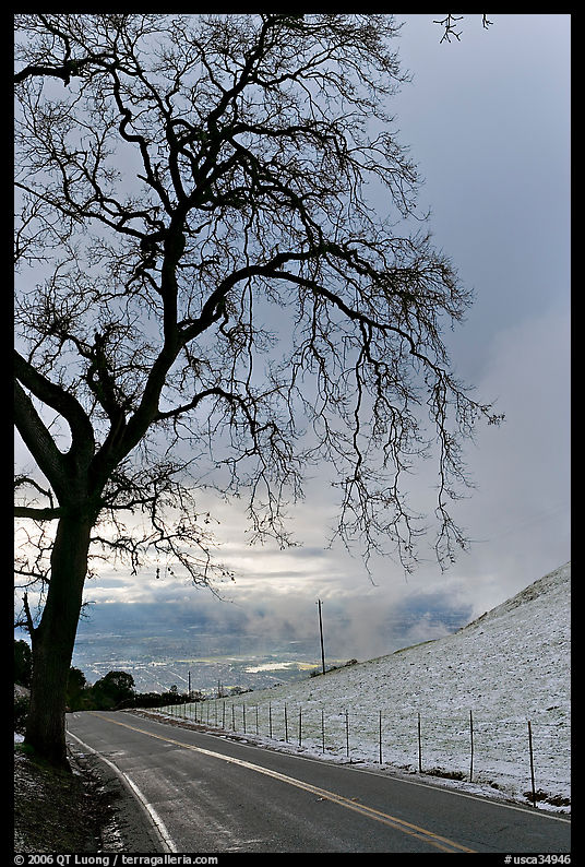 Mount Hamilton road winding on fresh snow covered hills. San Jose, California, USA