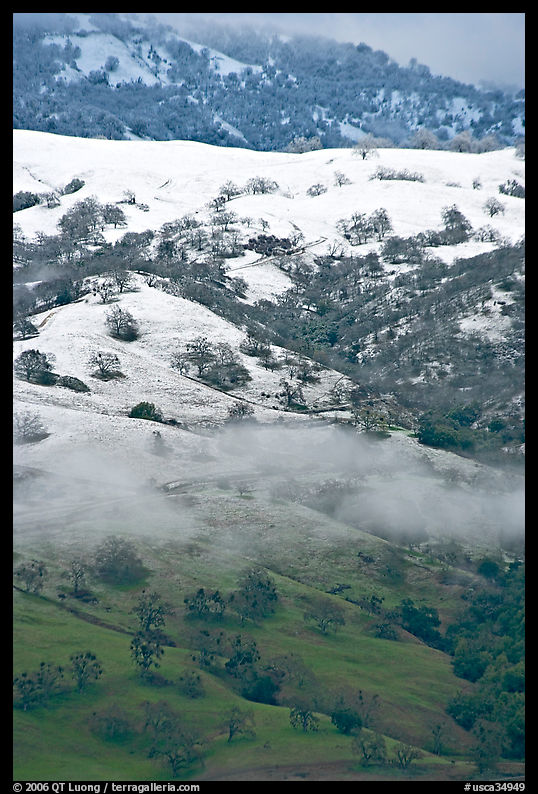 Green hills partly covered with snow, Mount Hamilton Range. San Jose, California, USA
