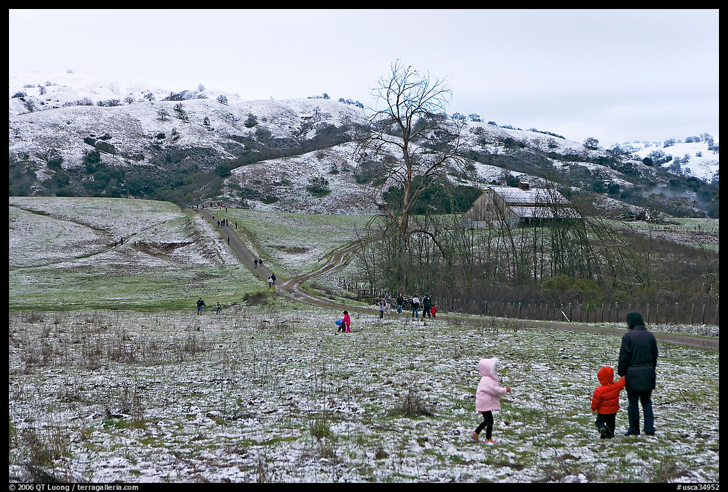 Families visiting Joseph Grant Park after a rare snowfall. San Jose, California, USA