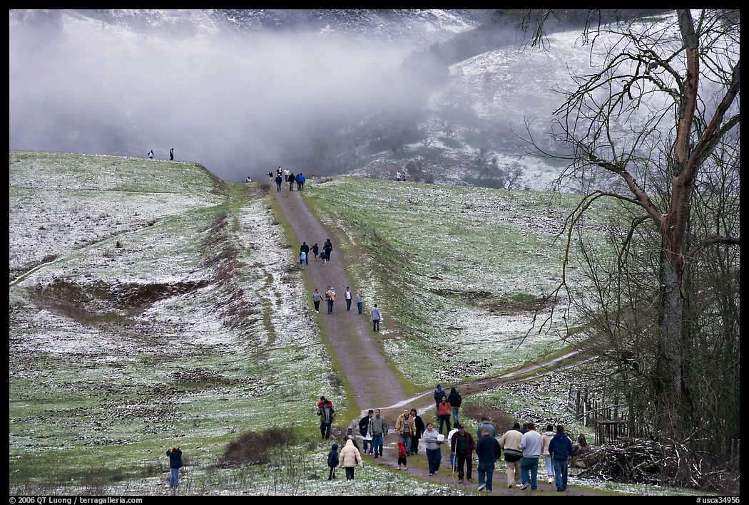 Residents visiting Joseph Grant Park after a rare snowfall. San Jose, California, USA