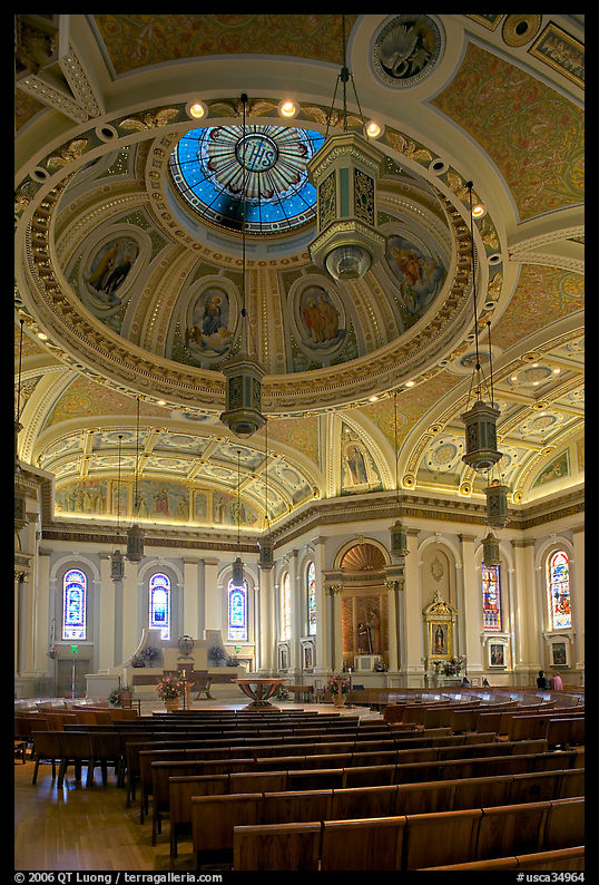 Dome and interior of Cathedral Saint Joseph. San Jose, California, USA