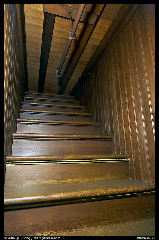 Staircase leading to closed ceiling. Winchester Mystery House, San Jose, California, USA