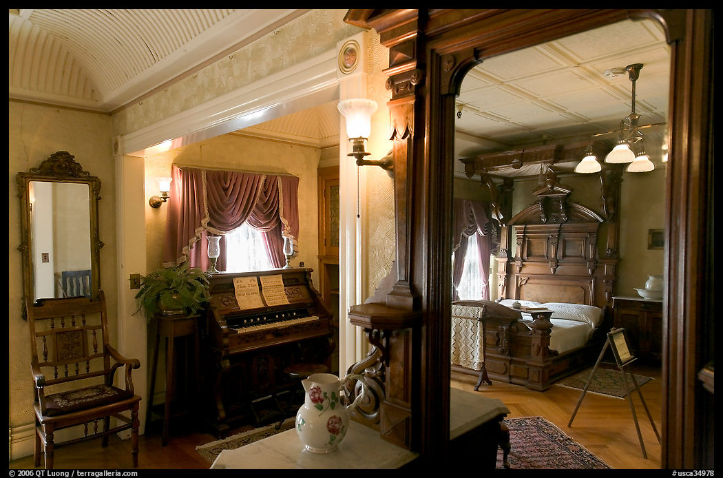 Mirror and last bedroom of Sarah Winchester. Winchester Mystery House, San Jose, California, USA