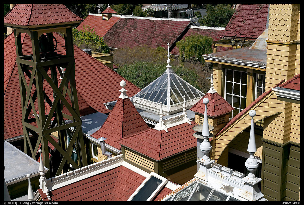 Rooftop detail. Winchester Mystery House, San Jose, California, USA
