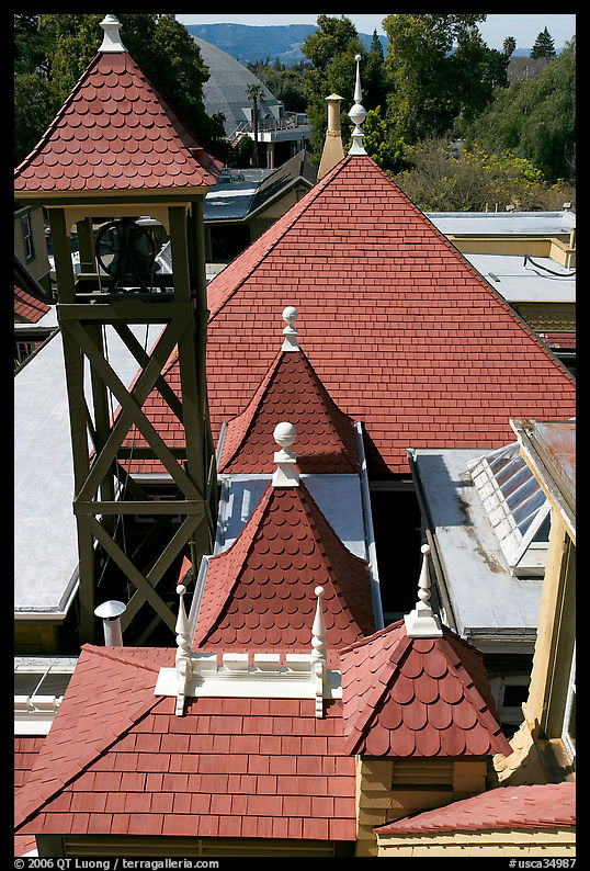 Rooftop detail. Winchester Mystery House, San Jose, California, USA