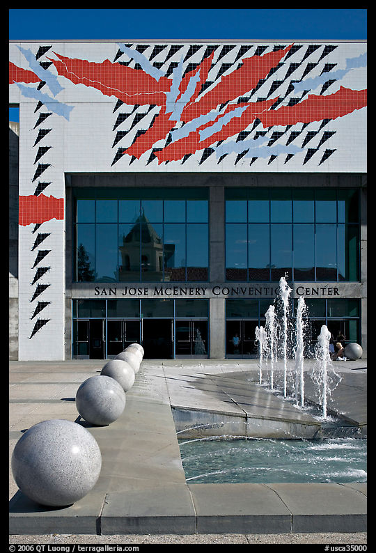 McEnery convention center and reflection of San Jose Civic Auditorium. San Jose, California, USA