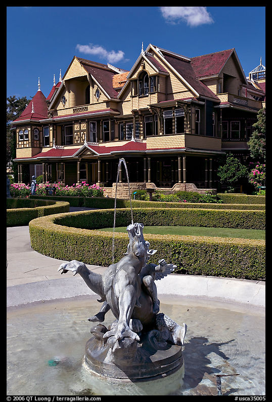 Fountain and mansion. Winchester Mystery House, San Jose, California, USA